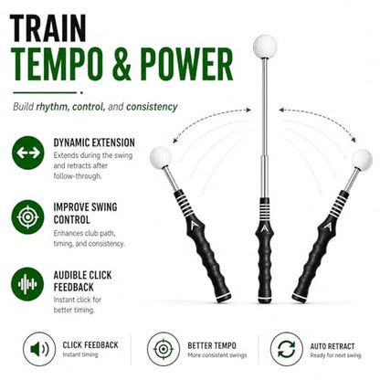 Golf Swing Trainer Aid for Right Handed, Retractable Golf Practice Tool with Click Feedback - Golf Training Aid Includes Wrist Alignment Brace & Correcting Arm Band, Power & Rhythm Training