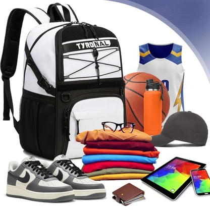Basketball Bag Backpack with Ball Holder and Shoes Compartment,Best for Basketball, Soccer, Volleyball, Gym. (WHITE)