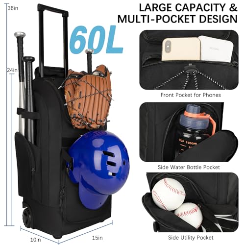 Rolling Baseball Bag with Wheels, 60L Capacity Wheeled Softball bag with Shoe Compartment for Youth & Adult, Bat bag with Hidden Straps,Fence Hook,Holds 4 Bat, Helmet, Glove - color: Black