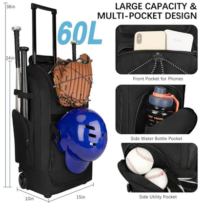 Rolling Baseball Bag with Wheels, 60L Capacity Wheeled Softball bag with Shoe Compartment for Youth & Adult, Bat bag with Hidden Straps,Fence Hook,Holds 4 Bat, Helmet, Glove - color: Black