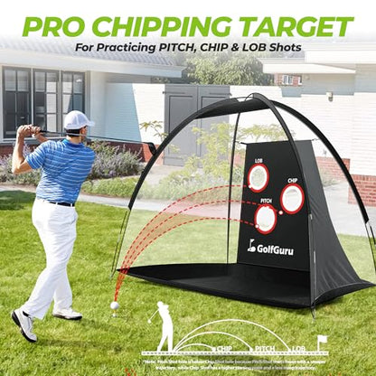 Golfguru All in 1 Golf Practice Net - 10x7ft with Pro Chipping Target, Tri-Turf Mat, 10 Balls, 7 Tees, 2 Rubber Tees, Carry Bag for Backyard Driving Chipping