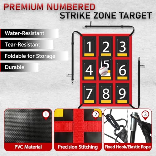 7x7 ft Baseball & Softball Practice Net with 9 Numbered Strike Zone | PRO Training Net for Hitting, Pitching & Batting | with Carry Bag, Bow Frame for All Ages & Skills - color: black