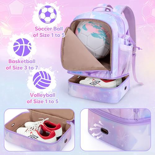 Smasrob Soccer Bags for Girls with Separate Ball Pocket and Shoe Compartment, Sports Backpack for Soccer, Basketball, Volleyball - color: Purple