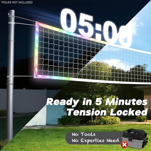 LED Volleyball Net Outdoor with Long-Lasting Lights & Reinforced Tear-Resistant Nylon, Multi-Stunning Night Modes, 46FT Extra-Long Steel Cable for Backyard & Beach (32x3FT)