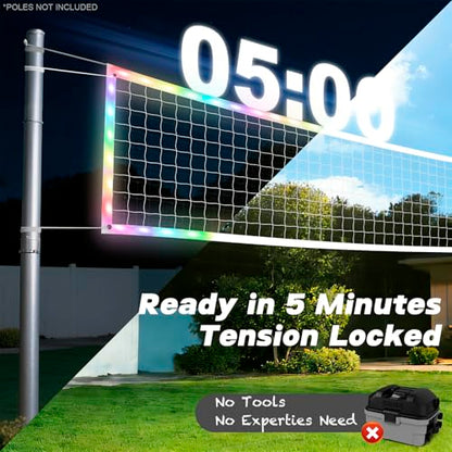 LED Volleyball Net Outdoor with Long-Lasting Lights & Reinforced Tear-Resistant Nylon, Multi-Stunning Night Modes, 46FT Extra-Long Steel Cable for Backyard & Beach (32x3FT)