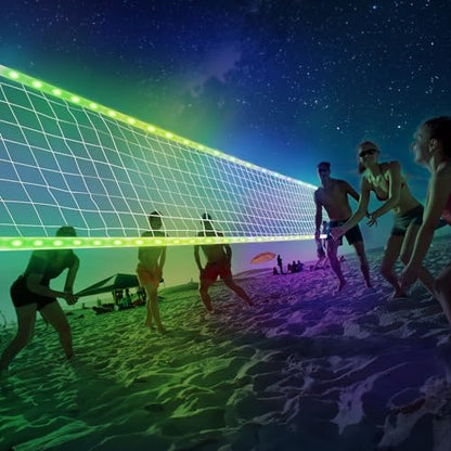 Professional Volleyball Net Outdoor with Aircraft Wire Rope, LED 28x3FT Portable Volleyball Net with Remote Control, Waterproof LED Heavy Duty Volleyball Net for Outdoor Backyard