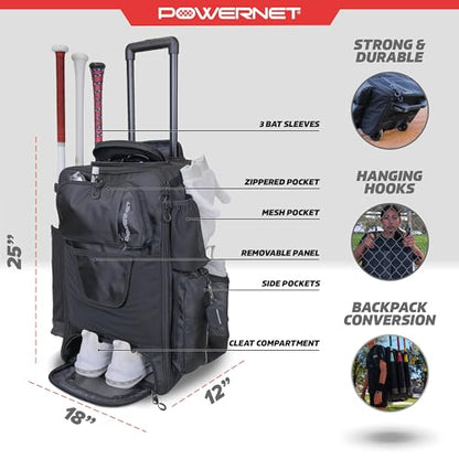 PowerNet Odyssey Softball & Baseball Bag, Rolling Backpack for Baseball Gear, Bat Bag with 4 Bat Sleeves, Cleat Compartment & Hanging Hooks