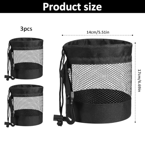 3 PCS Golf Ball Bags with Drawstring, Golf Ball Pouch & Golfing Balls Storage Organizer, Nylon Mesh for Practice (Black, 5.51x6.69 in)