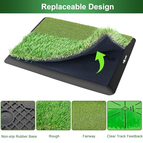 Dual-Turf Golf Hitting Mat with Replaceable Velvet Mat Golf Training Accessories for Swing Path Feedback 12.6"x16.5" Golf Practice Trainer Matt for Men Women Kids