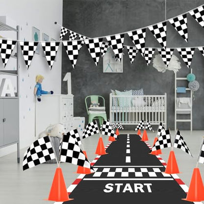 AHIER 38 Pcs Traffic Cones and Racing Flags Set - 12 Plastic Cones With Hole, 24 Checkered Flags With Sticks, 6.5Ft Racetrack Floor Runner and 9.8ft Race Track Banner
