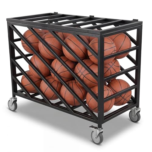 Ball Cart with Wheels Rolling Exercise Ball Holder with Lockable Lid Basketball Rack for Volleyball Gym Recess Soccer Playground