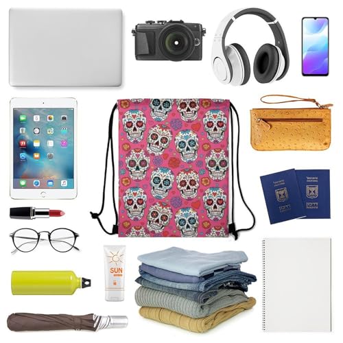 Lightweight Drawstring Sackpack Sports Backpack Waterproof for Gym Travel Hiking Men Women Durable Polyester, Sugar Skull Mexcian Bags - color: Picture (636)