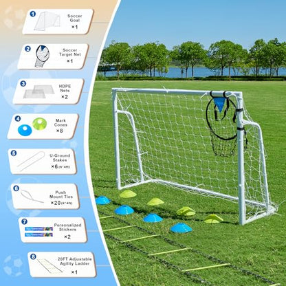 Soccer Goals for Backyard Soccer Goal 12x6 Big 10x6.5 8x6 6x4FT Soccer Goals for Youth Adults and Kids Large Metal 2" Goal Post with Agility Ladder and Target Net Soccer Cones Practice Equipment - style: 6×4 FT