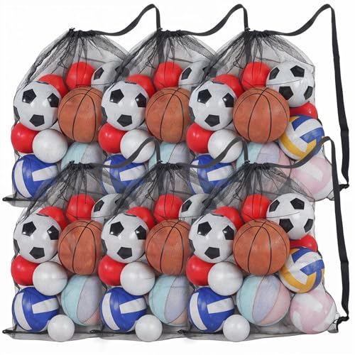 cobee 6Pcs Extra Large Mesh Ball Bag, 40" x 30" Drawstring Basketball Ball Bag Sports Equipment Storage Bags with Adjustable Shoulder Strap for Coaches Volleyball Football Swimming Gears Team