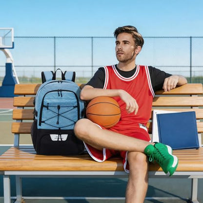 HUA ANGEL Basketball Backpack, Large Sports Bag with Separate Ball Holder & Shoe Compartment, Men/Women Gym Backpack for Basketball Soccer Volleyball - color: Blue