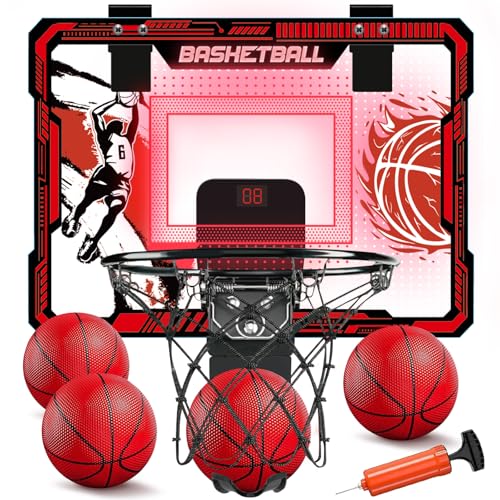 TALGIC Basketball Hoop Indoor, Over The Door Basketball Hoops with LED Lighting, Mini Hoop with Electronic Scoreboard, 4 Balls & Pump, Basketball Gifts for 5 6 7 8 9 10 11 12 Year Old Boys Girls