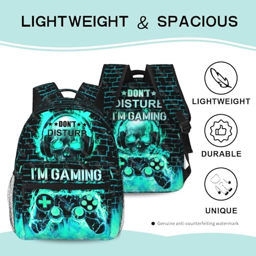 Video Game Backpack for Boys School Backpack for Kids Children Teens Elementary Middle School - Students Bookbag Ages 6-18, Waterproof Adjustable Game Bookbag Travel Daypack - color: Green Skull Game