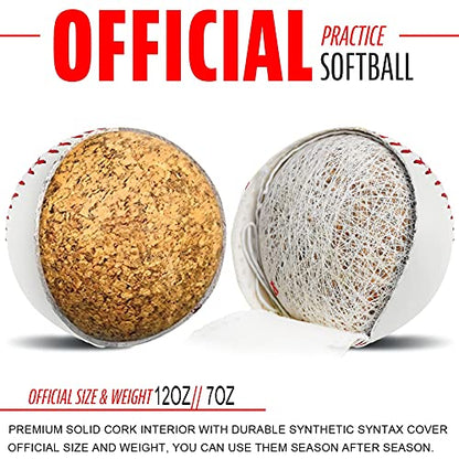 Tebery 6 Pack Sports Practice Softballs, 12-Inch Official Size and Weight Slowpitch Softball, Unmarked & Leather Covered Training Ball for Games, Practice and Training