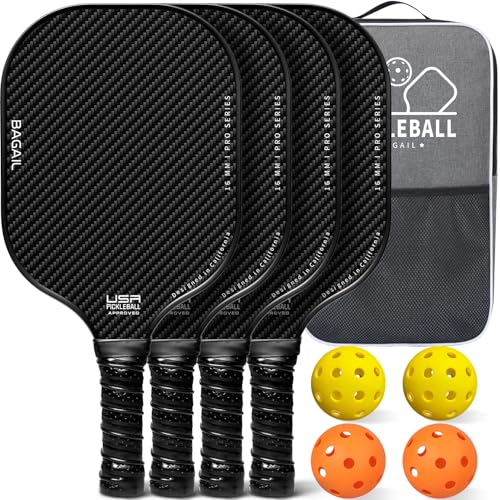 BAGAIL Pickleball Paddles, USAPA Approved Fiberglass Surface Pickleball Set, Lightweight Pickle Ball Rackets with 4 Balls, 1 Bag, Designed in California for Traction and Stability - color: Black, size: 4-pack