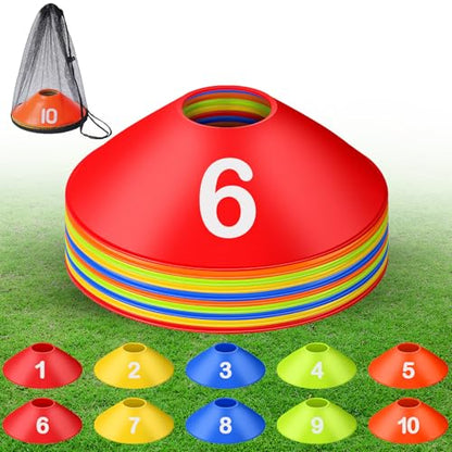10 Pcs Numbered Sports Disc Cones 1-10 Soccer Cones with Mesh Carry Bag Flexible Agility Cones Soft Field Cones for Gym PE Classes School Activities Games, Sports Training Equipment