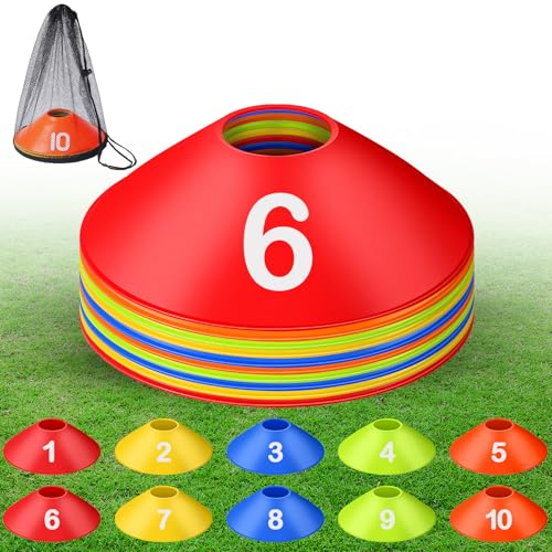 10 Pcs Numbered Sports Disc Cones 1-10 Soccer Cones with Mesh Carry Bag Flexible Agility Cones Soft Field Cones for Gym PE Classes School Activities Games, Sports Training Equipment