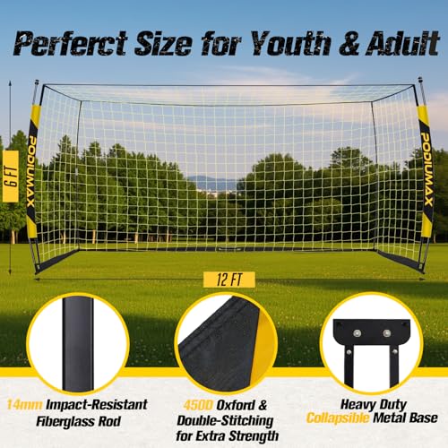 Soccer Goal, 12X6FT Soccer Goals for Backyard Training, Upgraded Collapsible Metal Base, Portable Soccer Goal for Indoor Outdoor, Easy Set Up Soccer Net with 1 Carry Bag & 4 Ground Stakes