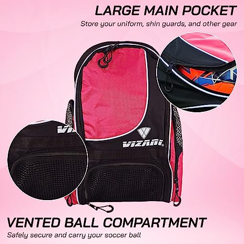 Vizari Solano Soccer Backpack With Ball Compartment and Vented Ball Pocket and Mesh Side Cargo Pockets for Adults and Teens - color: Neon pink