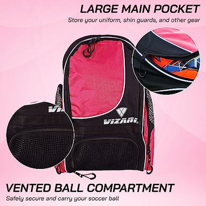 Vizari Solano Soccer Backpack With Ball Compartment and Vented Ball Pocket and Mesh Side Cargo Pockets for Adults and Teens - color: Neon pink