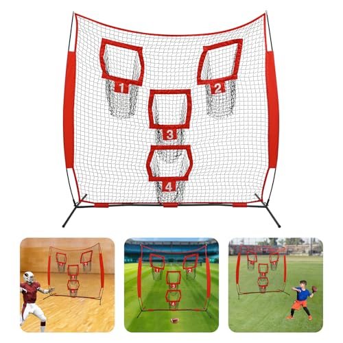 7x7ft Football Throwing Net with 4 Target Pockets – Football Training Net for Accuracy Improvement, Portable Quarterback Practice Equipment for Outdoor Use