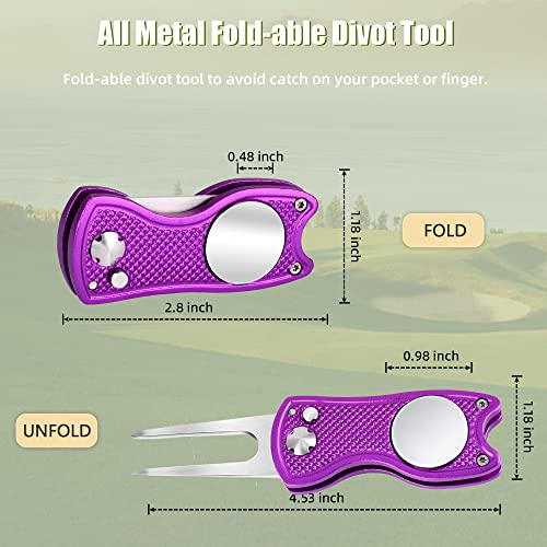 Mile High Life Golf Divot Repair Tool, All Metal Foldable Divot Tool with Pop-up Button & Magnetic Ball Marker, 2-6 Pack - color: 2 Pack (Black/Purple)