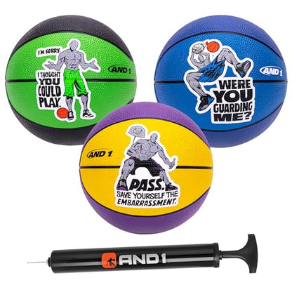 AND1 Mini Basketball Pack Set for Kids (Deflated w/Pump Included): - 7-Inch Premium Youth Size Basketballs, Easy to Grip - color: Smack Talk, size: 3
