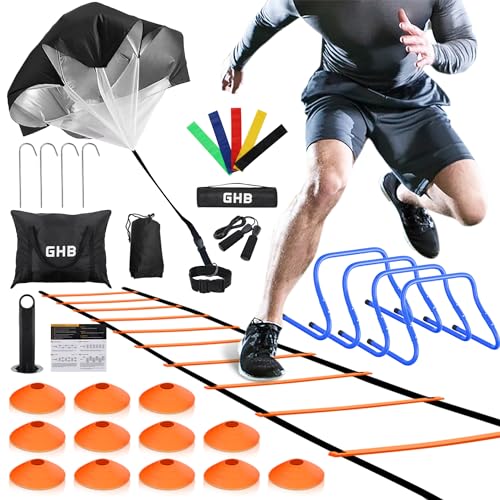 GHB Agility Ladder,Football Training Equipment Set,4 Agility Hurdles, 20 feet12 Rungs Speed Ladder,12 Disc Cones,Resistance Parachute, Jump Rope, 5 Resistance Bands - color: Orange