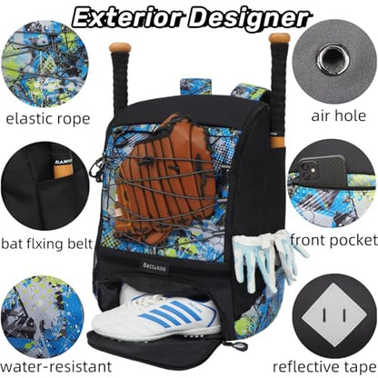 Baseball & Softball Bat Bag For Youth Adults, Sports Equipment Backpack with Shoe Compartment, Fence Hook, Bat Holder, Helmet, Baseball Glove, Big Size & Lightweight