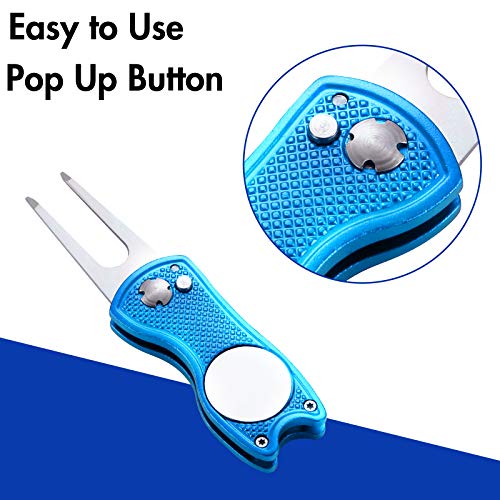 2 Pack Metal Foldable Golf Divot Tool with Pop-up Button & Magnetic Ball Marker (Pack of 2, Fish Design)
