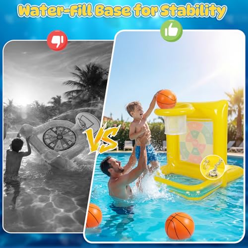 TicTac Shot Pool Toys Games for Kids & Adults, 2-in-1 Pool Basketball Hoop & Dart Target, Family Pool Party Games with Multiple Balls - Yellow
