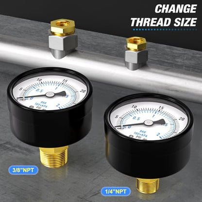 0-30Psi 2" DIAL FACE 1/8" NPT Well Pump Pressure Gauge, with 1/4" NPT and 3/8" NPT Hex Bushing, 3-2-3% Accuracy, Center Back Mount - size: 0-30Psi, style: 1/8"NPT Back Mount
