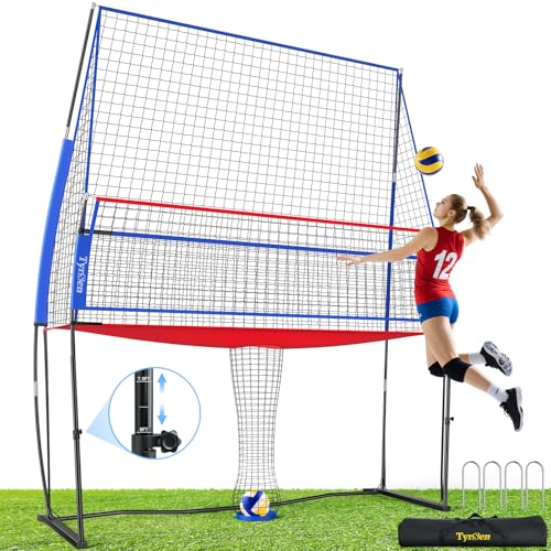 Volleyball Practice Net with Ball Return System, Height Adjustable 6.5-8FT, 11 * 8FT Portable Volleyball Training Equipment for Serving, Spiking, Solo and Team Drills, Indoor/Outdoor Use - color: RED and BLUE