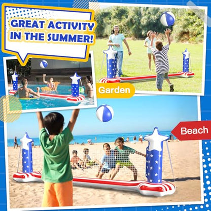 4th of July Pool Toys Games Set, 3 in 1 Inflatable Volleyball Net & Basketball Hoop, Large Water Floating Volleyball Toy Summer Party for Kids Teens Adults, American Flag 250th Anniversary