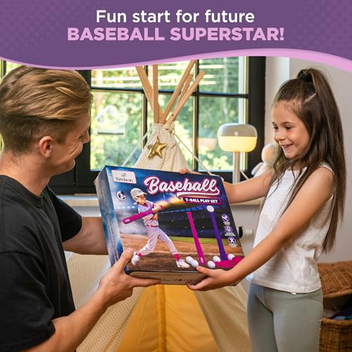 TOMLEON T Ball Stand for Girls 3-5, 5-8. Baseball Set Includes 6 Large Balls, an Adjustable Tball Batting Tee, and a Storage Net. Kids Bat and Ball, T-Ball Sets for Kids