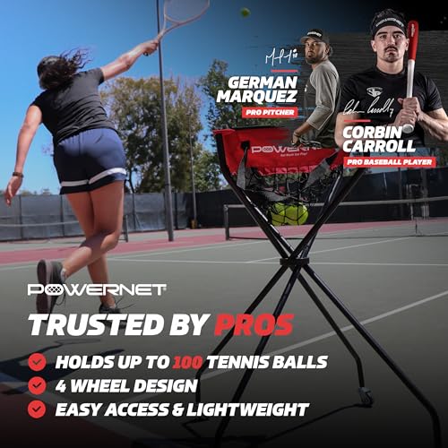 PowerNet Baseball Softball Portable Ball Caddy, Holds Bucket of Baseballs, Softballs, Tennis Balls, Use During Batting Practice Training and Drills - color: Red/Black, style: Wheeled Court Caddy