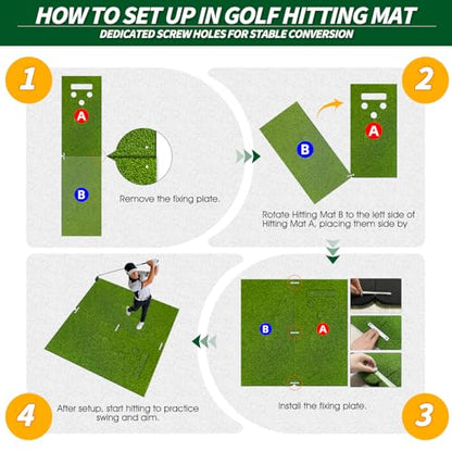 5x5ft Golf Hitting Mat for Indoor and Outdoor Practice, High-Elasticity Golf Practice Driving Range Turf Mat, Convertible 2-in-1 Golf Hitting & Putting Mat for Garage Simulator Training