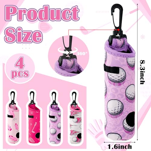 Golf Tee Pouch Bags - 4-Packs Pink Golf Ball Tee Carry Holder Bags Set with Clip Hooks Mother's Day for Women Girls Birthday Portable Golfer Club Accessories