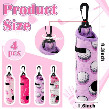 Golf Tee Pouch Bags - 4-Packs Pink Golf Ball Tee Carry Holder Bags Set with Clip Hooks Mother's Day for Women Girls Birthday Portable Golfer Club Accessories