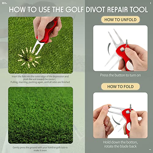 Skylety 4 Pcs Golf Divot Repair Tool Metal Foldable Golf Divot Tool with Magnetic Pop-up Button Ball Marker Stainless Steel Switchblade for Golfers Prizes - color: Red