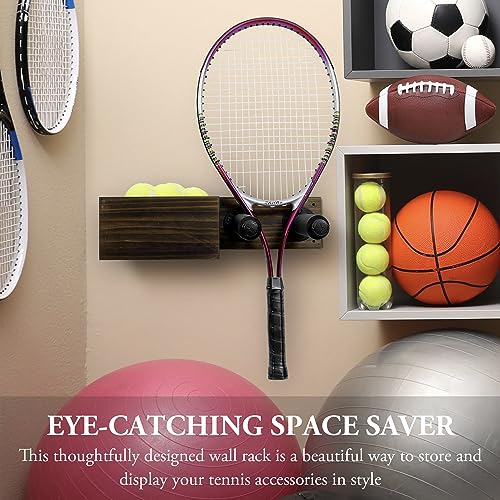 MyGift Wall Mounted Tennis Equipment Organizer Rack, Ping Pong Paddle Holder, Rustic Burnt Solid Wood Ball Storage Bin Basket and Industrial Black Metal Pipe Racket Hanging Holder