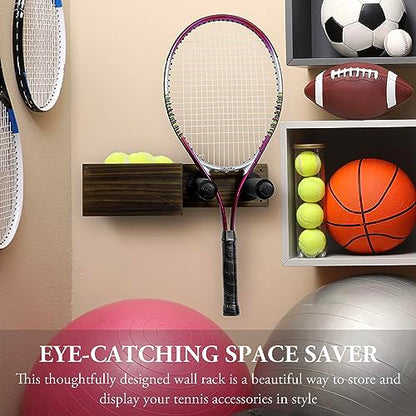 MyGift Wall Mounted Tennis Equipment Organizer Rack, Ping Pong Paddle Holder, Rustic Burnt Solid Wood Ball Storage Bin Basket and Industrial Black Metal Pipe Racket Hanging Holder