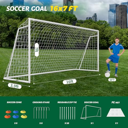 NAIZEA Soccer Goals - 24x8/21x7/18x7/12x6/16x7/10x6/8x6/6x4FT Soccer Goals for Backyard Training- Portable Metal Soccer Net for Youth & Adults - Heavy Duty Steel for Indoor Outdoor Games & Practice - size: 16ft x 7ft, style: Trainer-White/Steel