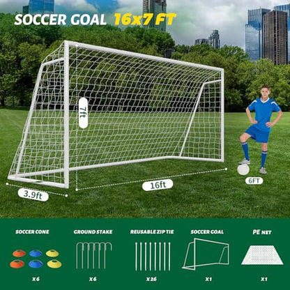 NAIZEA Soccer Goals - 24x8/21x7/18x7/12x6/16x7/10x6/8x6/6x4FT Soccer Goals for Backyard Training- Portable Metal Soccer Net for Youth & Adults - Heavy Duty Steel for Indoor Outdoor Games & Practice - size: 16ft x 7ft, style: Trainer-White/Steel