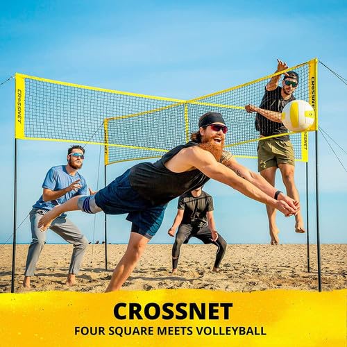 CROSSNET 4-Way Volleyball Net Set with Adjustable Poles Backpack & Official Ball Quick Setup Outdoor Volleyball Game for Adults & Kids 4 Square Volleyball Net for Backyard Beach Yard Lawn & Park Play