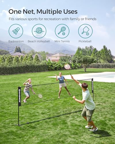 SONGMICS Badminton Net, Height Adjustable Volleyball Net, Pickleball Net for Junior Tennis, Kids, Indoor Outdoor Court, Foldable Nylon Net with Poles 10ft/13ft/16.5ft Wide